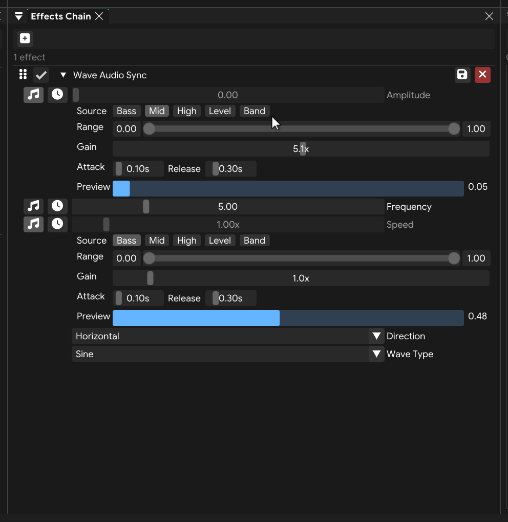 Audio-reactive parameter mapping panel with source selector and gain controls