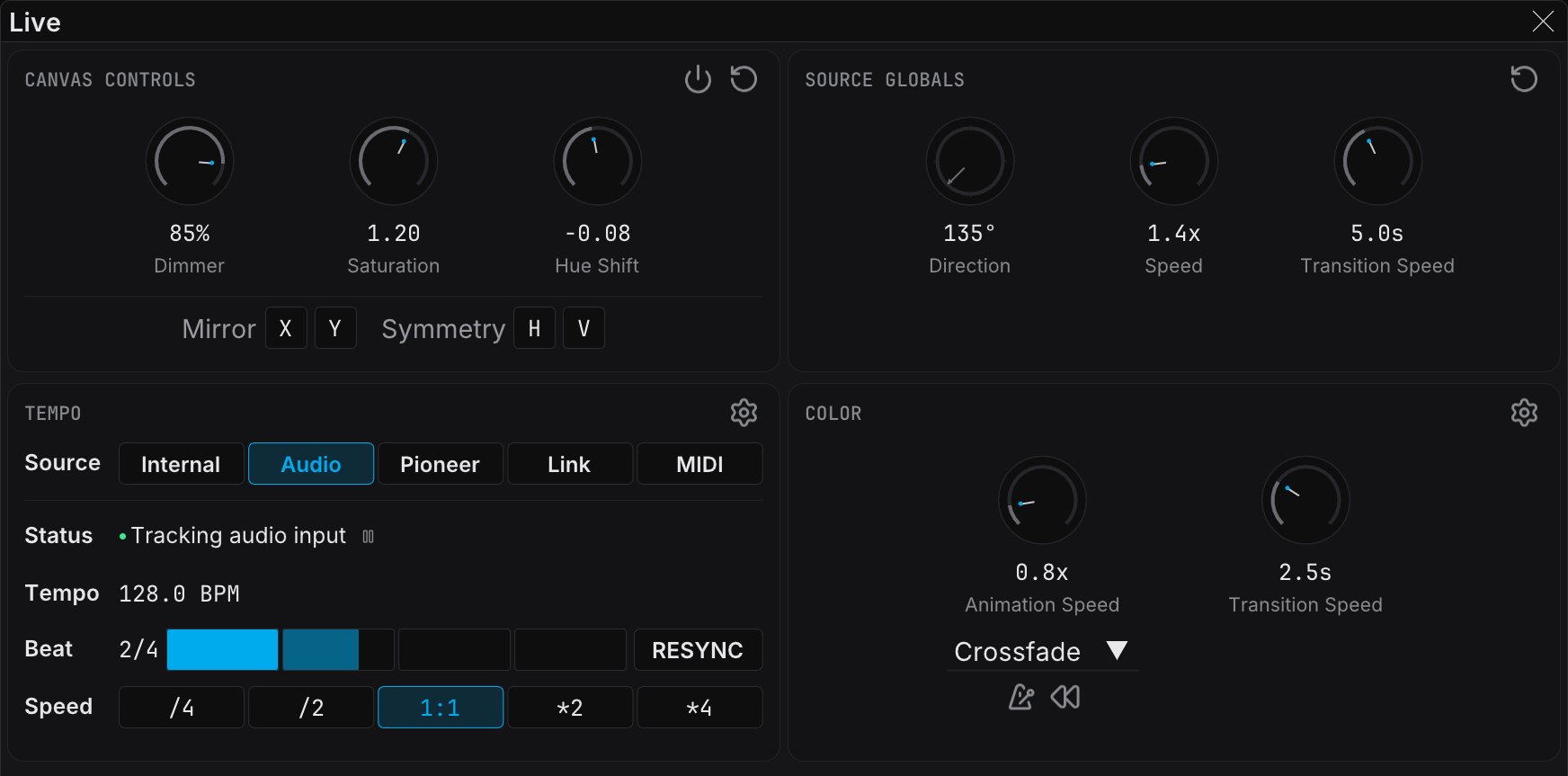 The Live panel in Audio mode, locked to a detected tempo