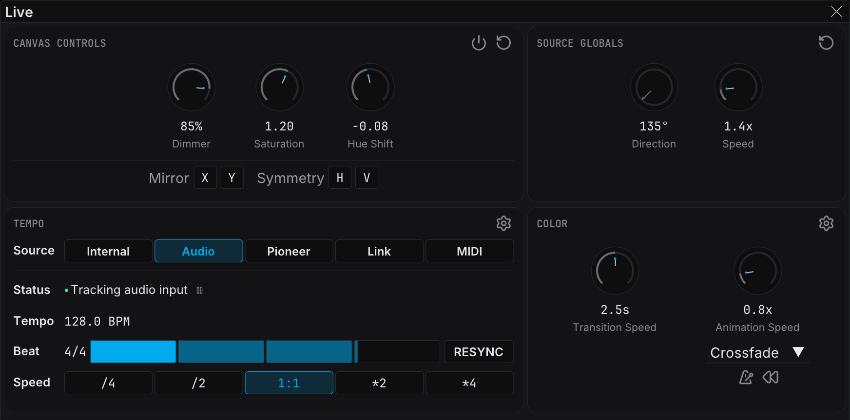 The Live panel in Audio mode, locked to a detected tempo