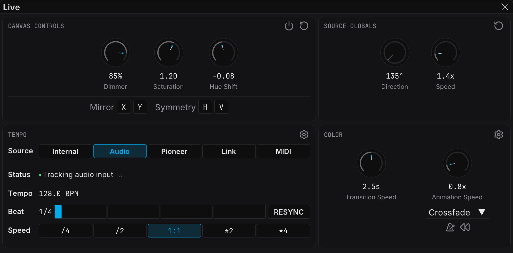 The Live panel in Audio mode, locked to a detected tempo