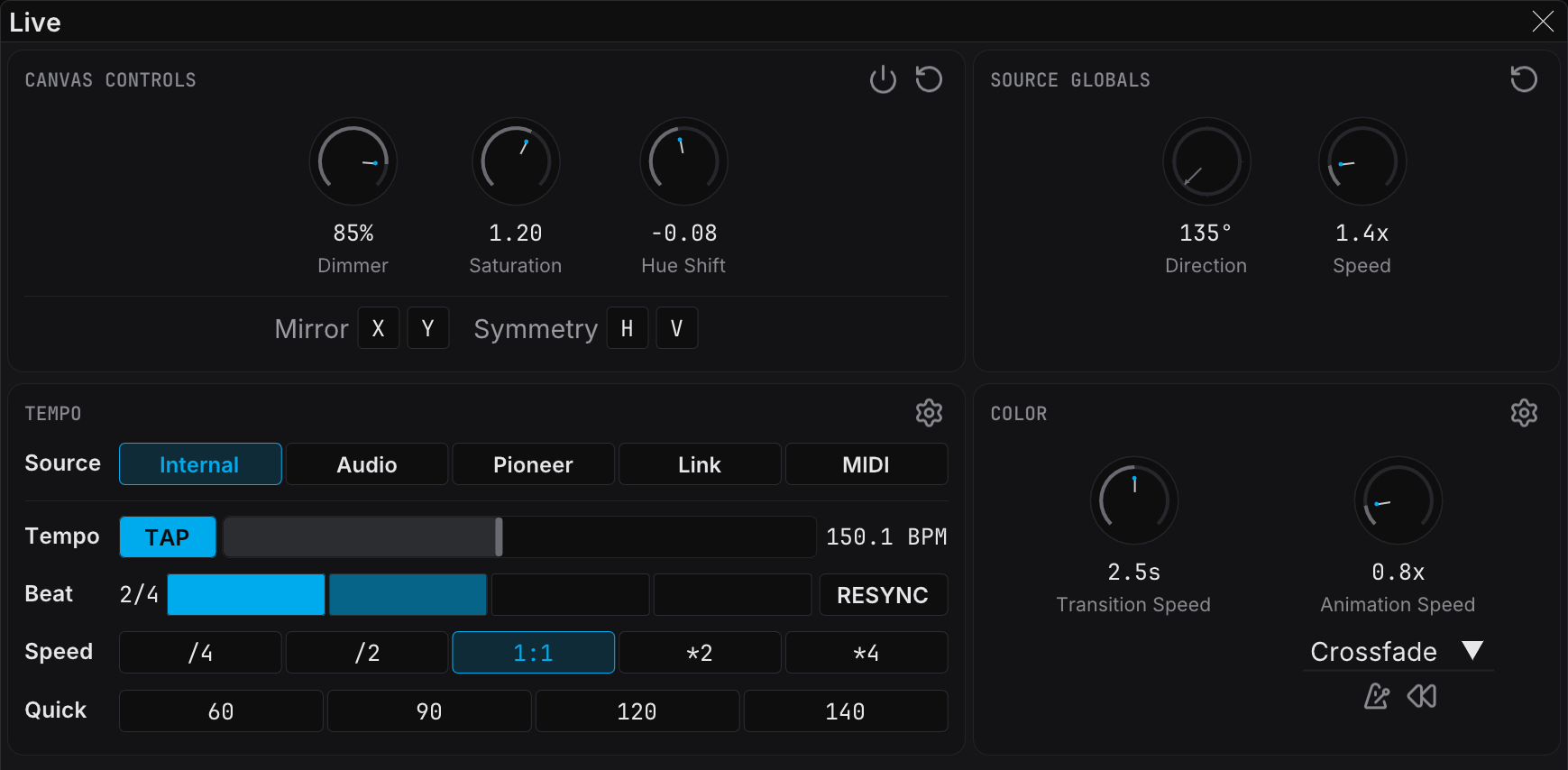 The Live panel with the Tempo section in Internal mode