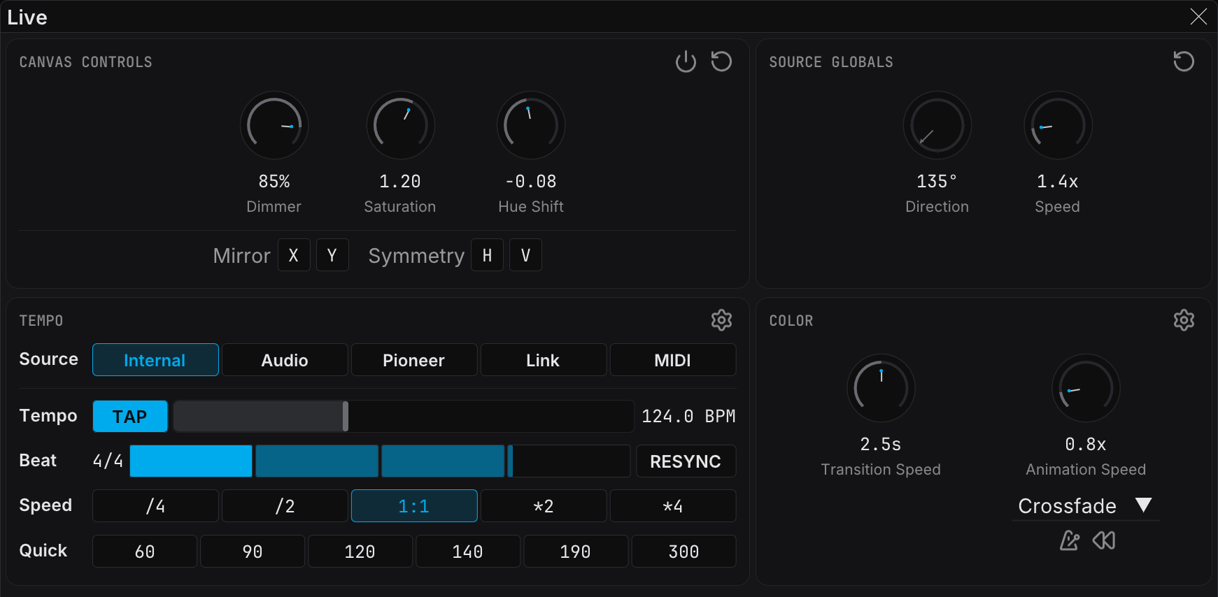 The Live panel with the Tempo section in Internal mode