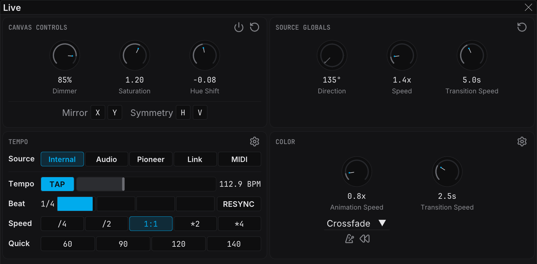 The Tempo section of the Live panel, set to the Internal source