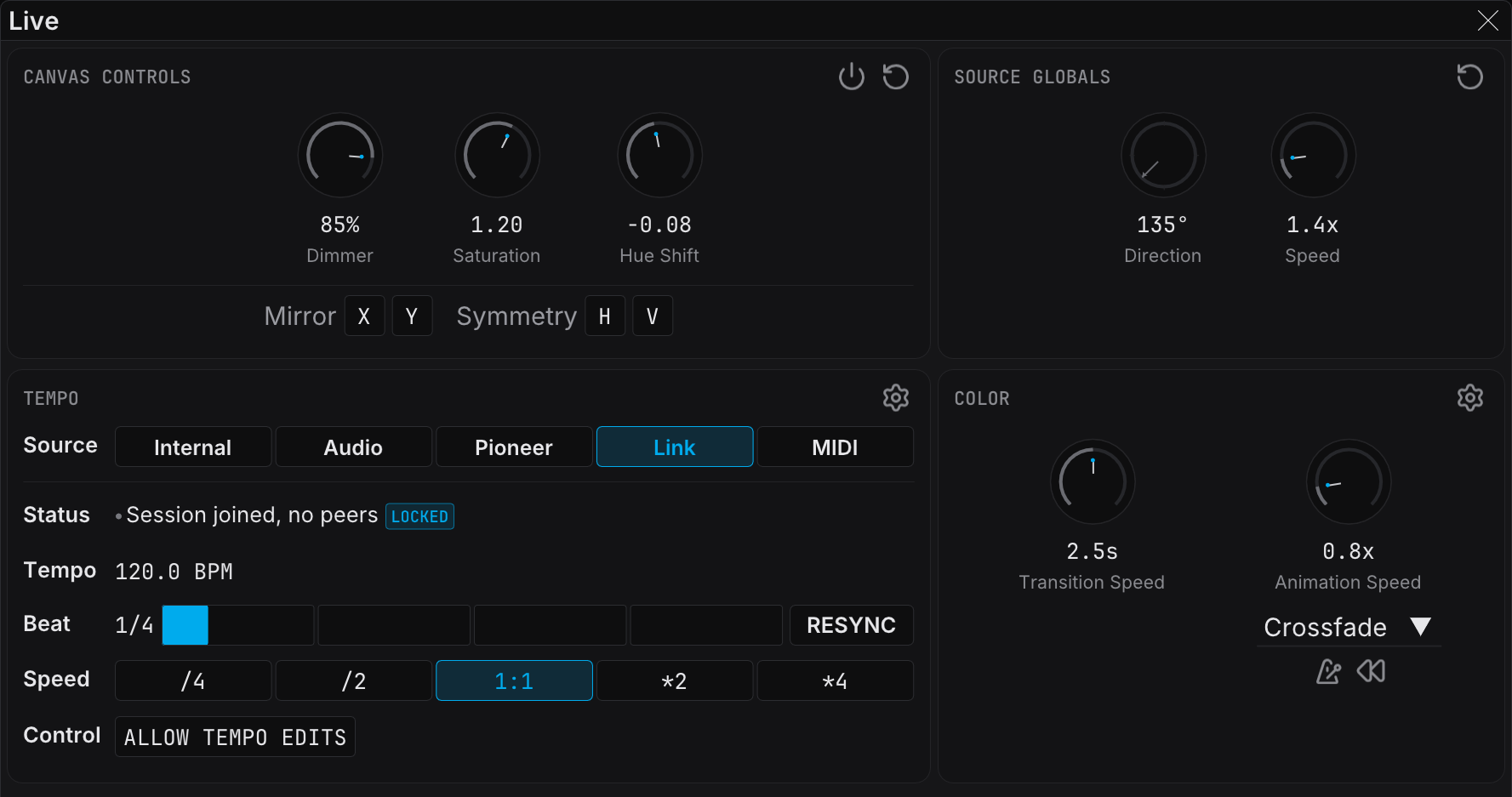 The Live panel in Ableton Link mode, with the Control row and the session status
