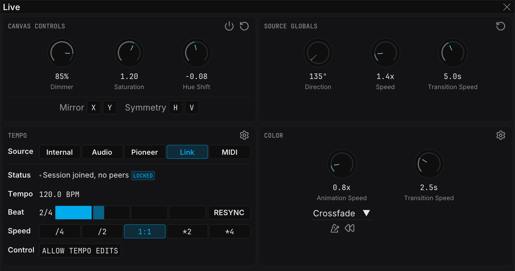 The Live panel in Ableton Link mode, with the Control row and the session status