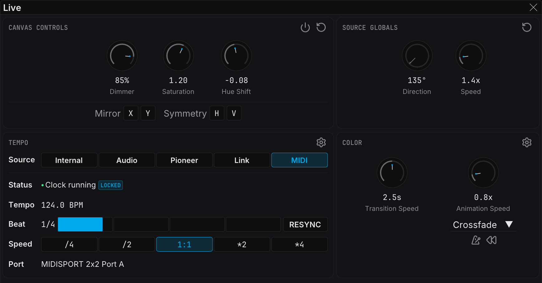 The Live panel in MIDI Clock mode, locked to an external clock