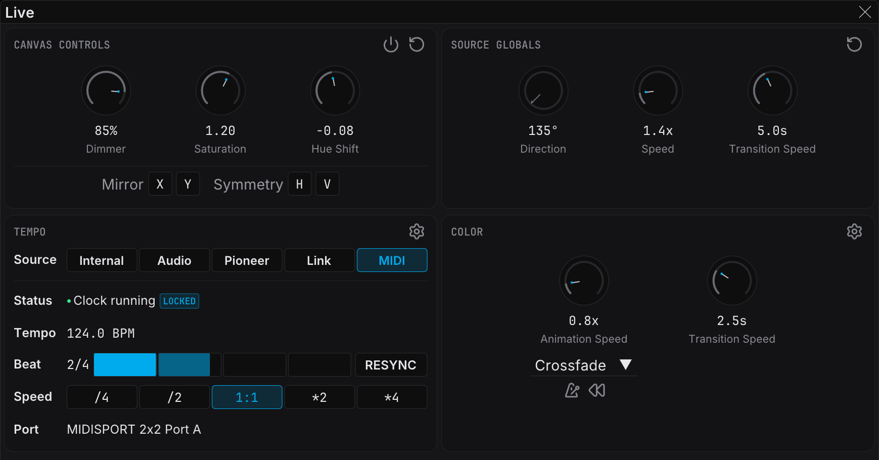 The Live panel in MIDI Clock mode, locked to an external clock