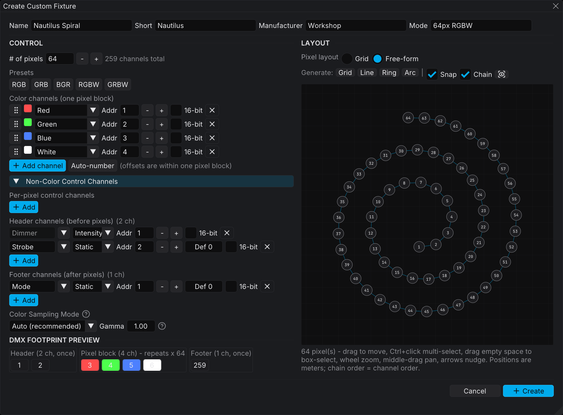 The Create Custom Fixture dialog with a 64-pixel RGBW spiral: the Control pane on the left with header, pixel block and footer channels, and the free-form Layout pane on the right with the chain order drawn along the spiral
