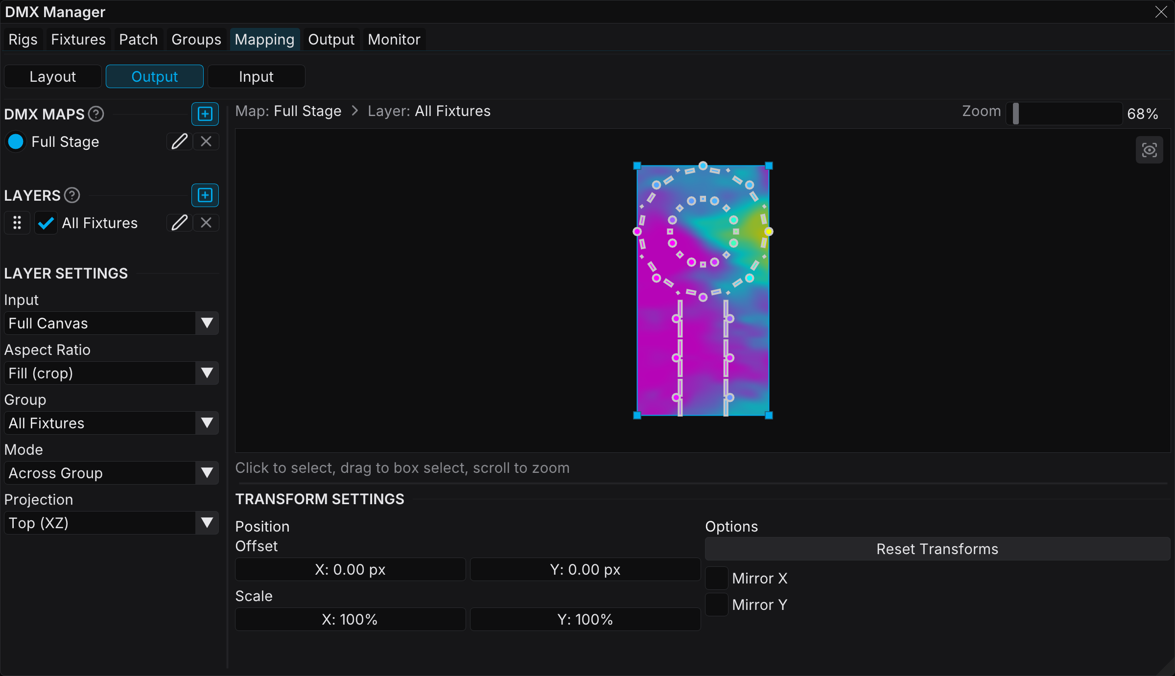The Mapping tab of the DMX Manager, in Output mode