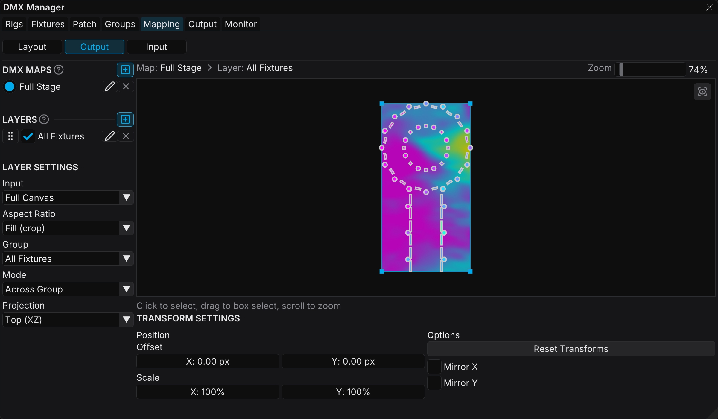 The Mapping tab of the DMX Manager, in Output mode