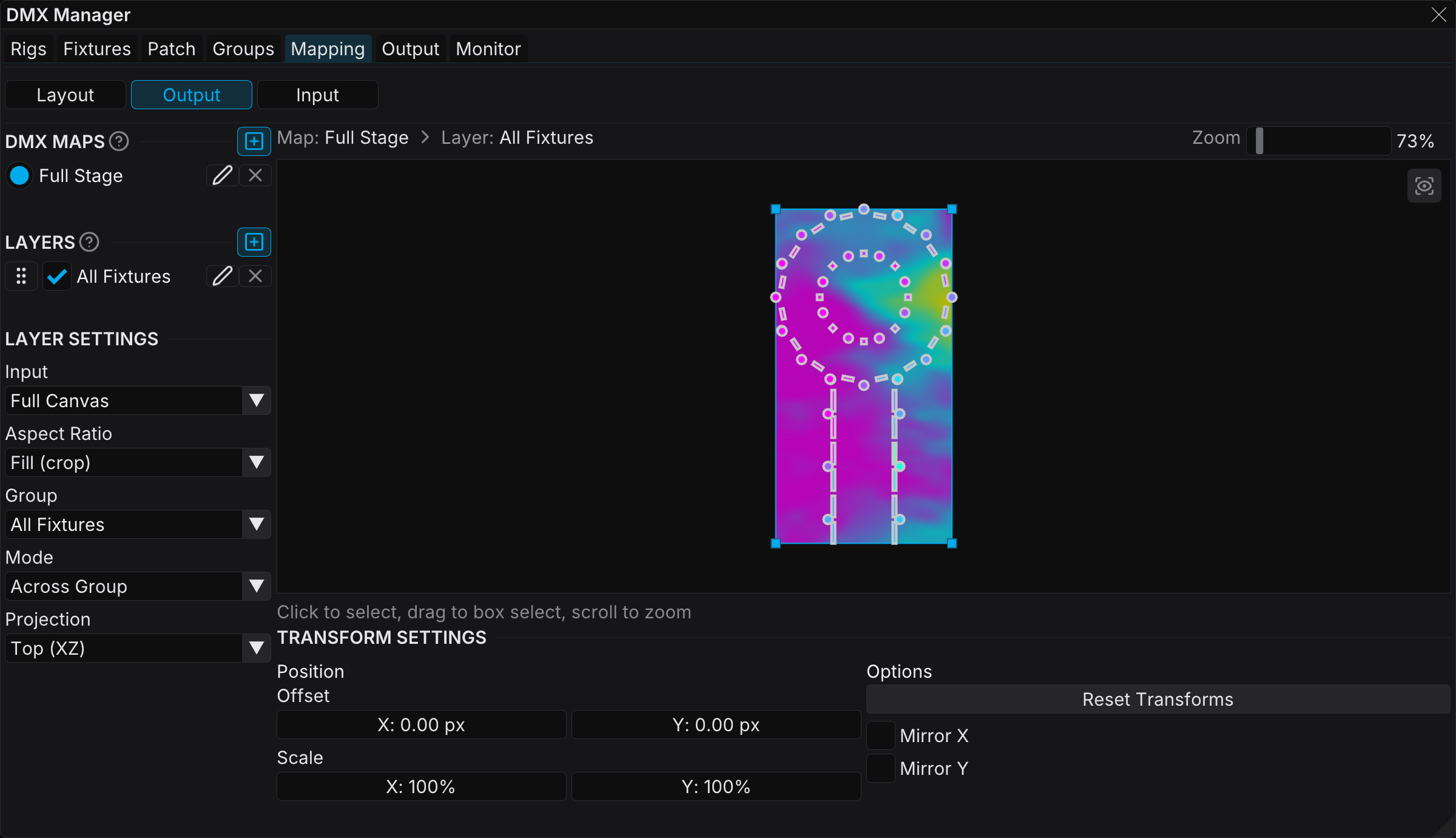 The Mapping tab of the DMX Manager, in Output mode