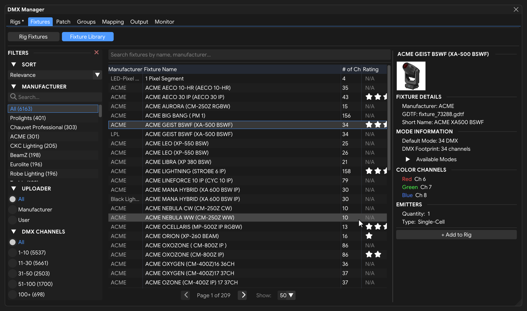 Fixture Library view