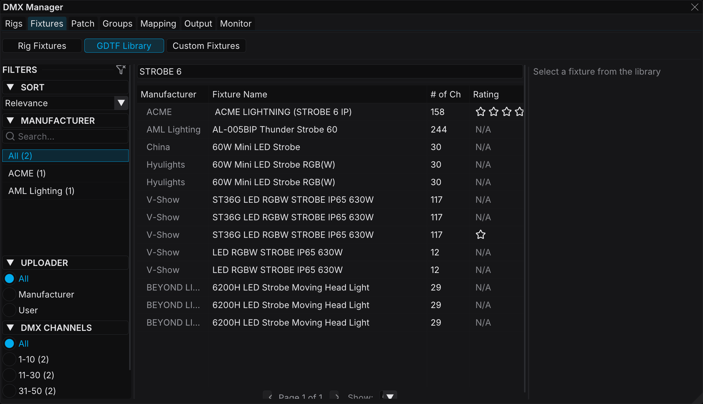 Fixture Library view