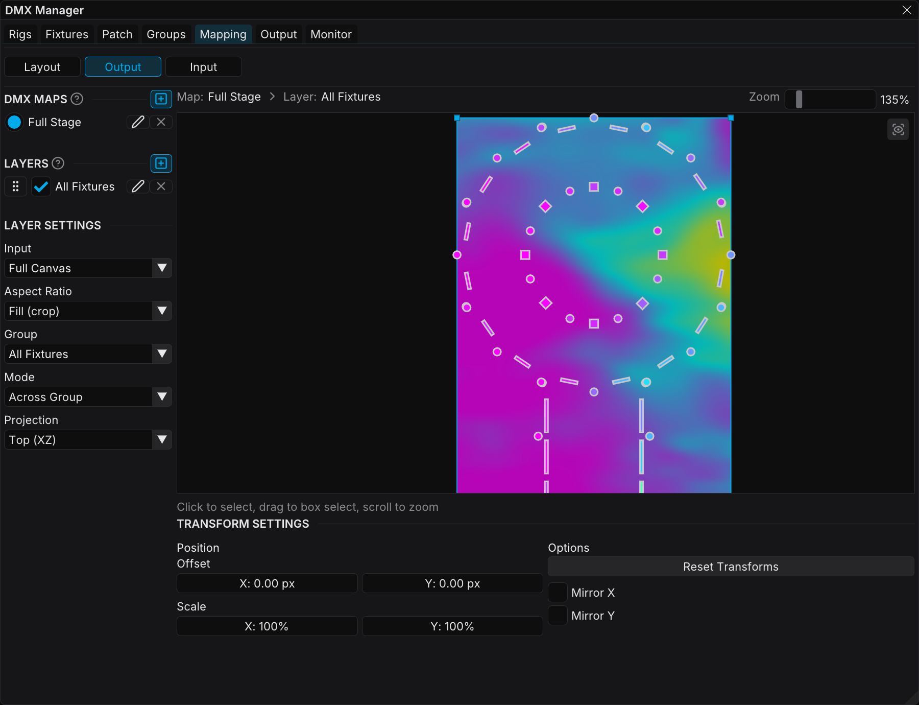 Neighboring fixtures sampling different canvas regions