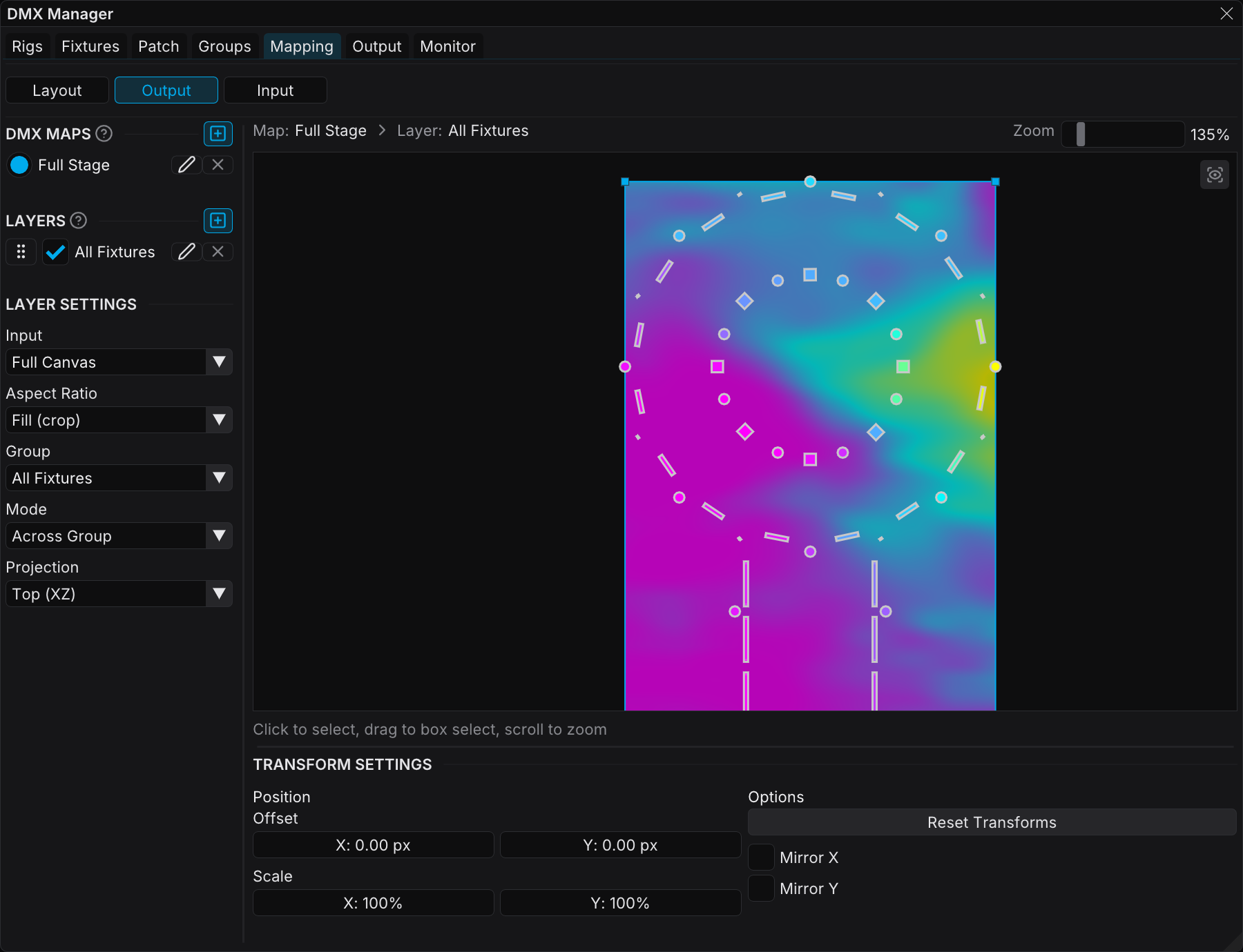 Neighboring fixtures sampling different canvas regions