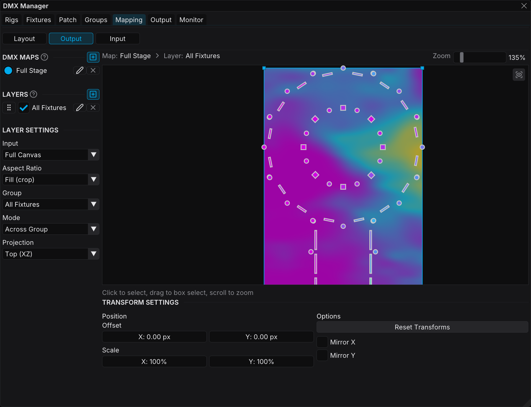 Neighboring fixtures sampling different canvas regions