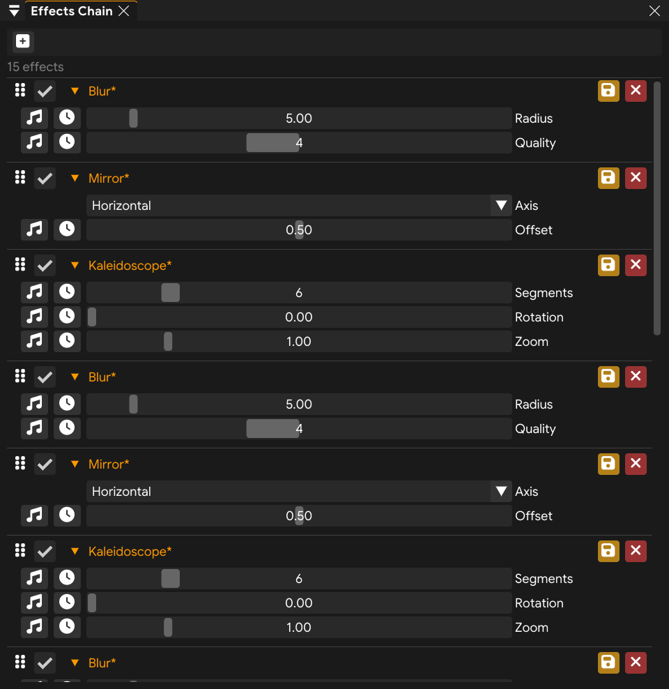 Effects Chain panel with multiple effects showing drag handles and controls