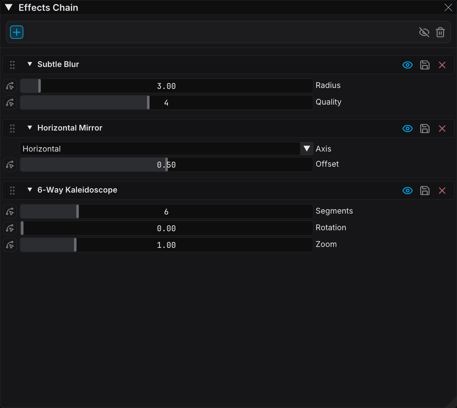 Effects Chain panel with several effects in the processing chain