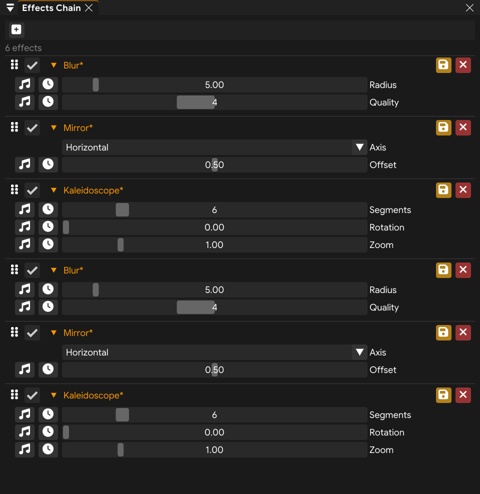 Effects Chain panel showing multiple effects in the processing chain