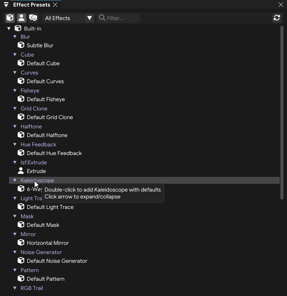 Effect Presets panel showing type hierarchy and preset icons
