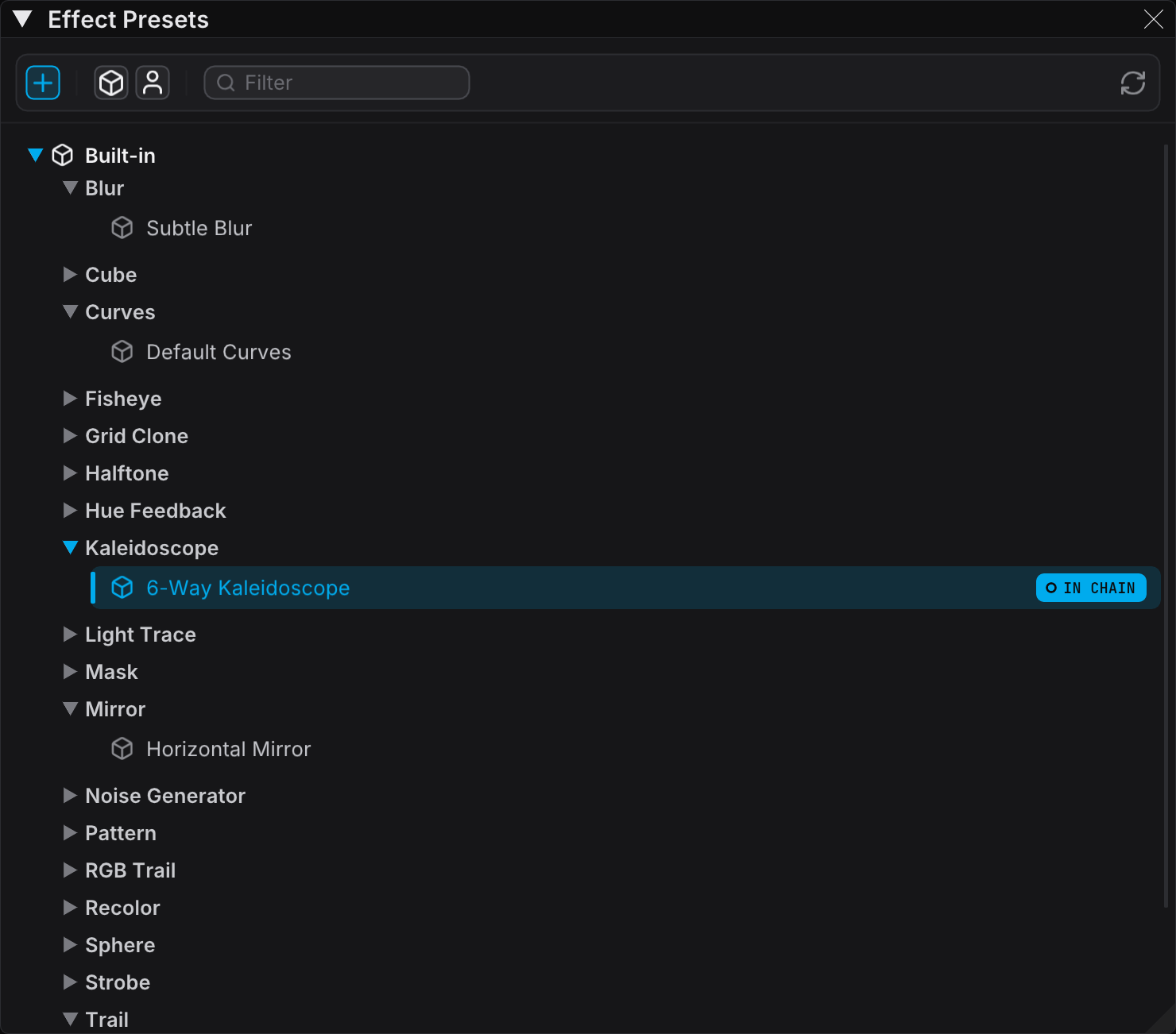 Effect Presets panel with the type hierarchy and preset icons