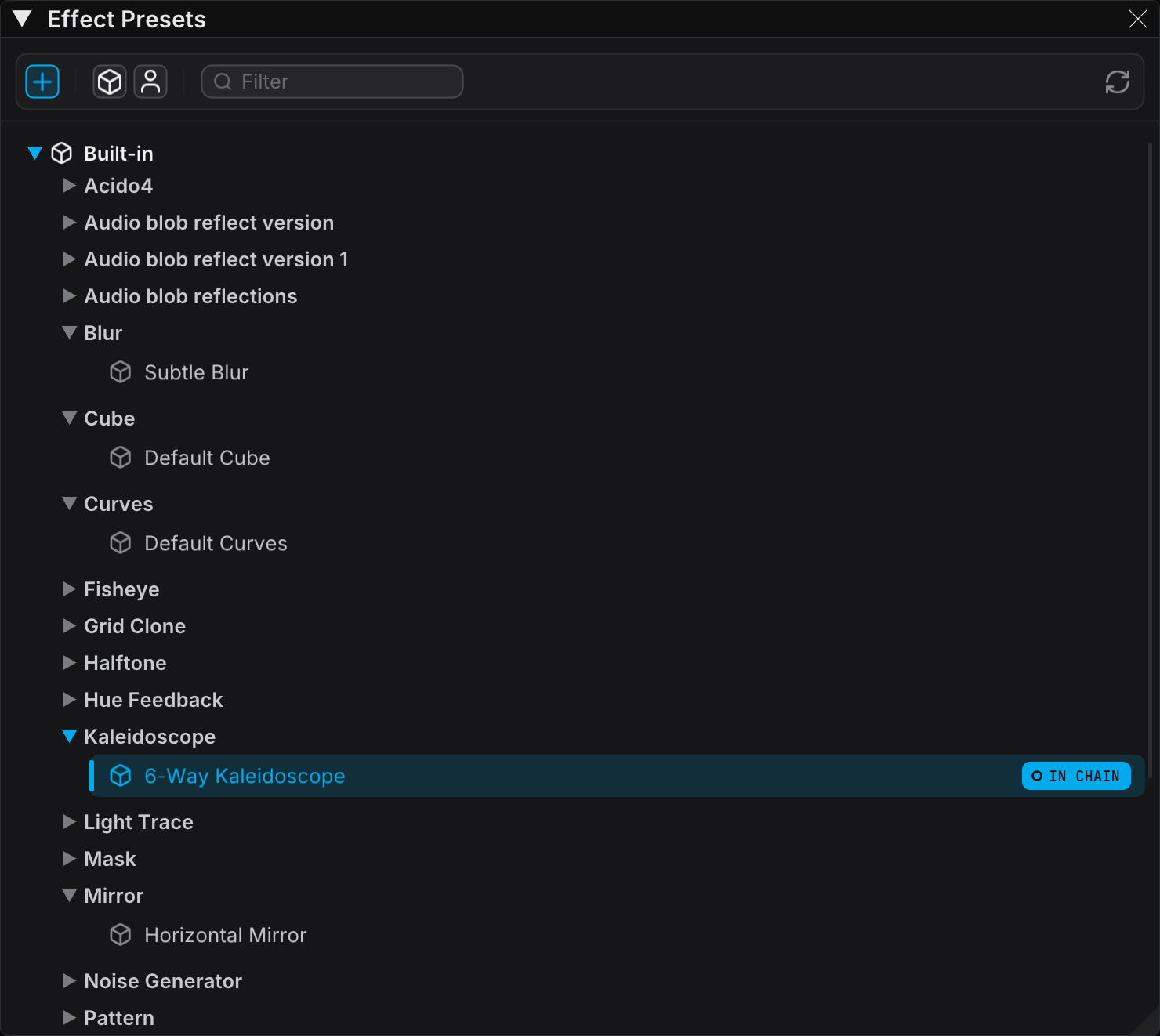 Effect Presets panel with the type hierarchy and preset icons