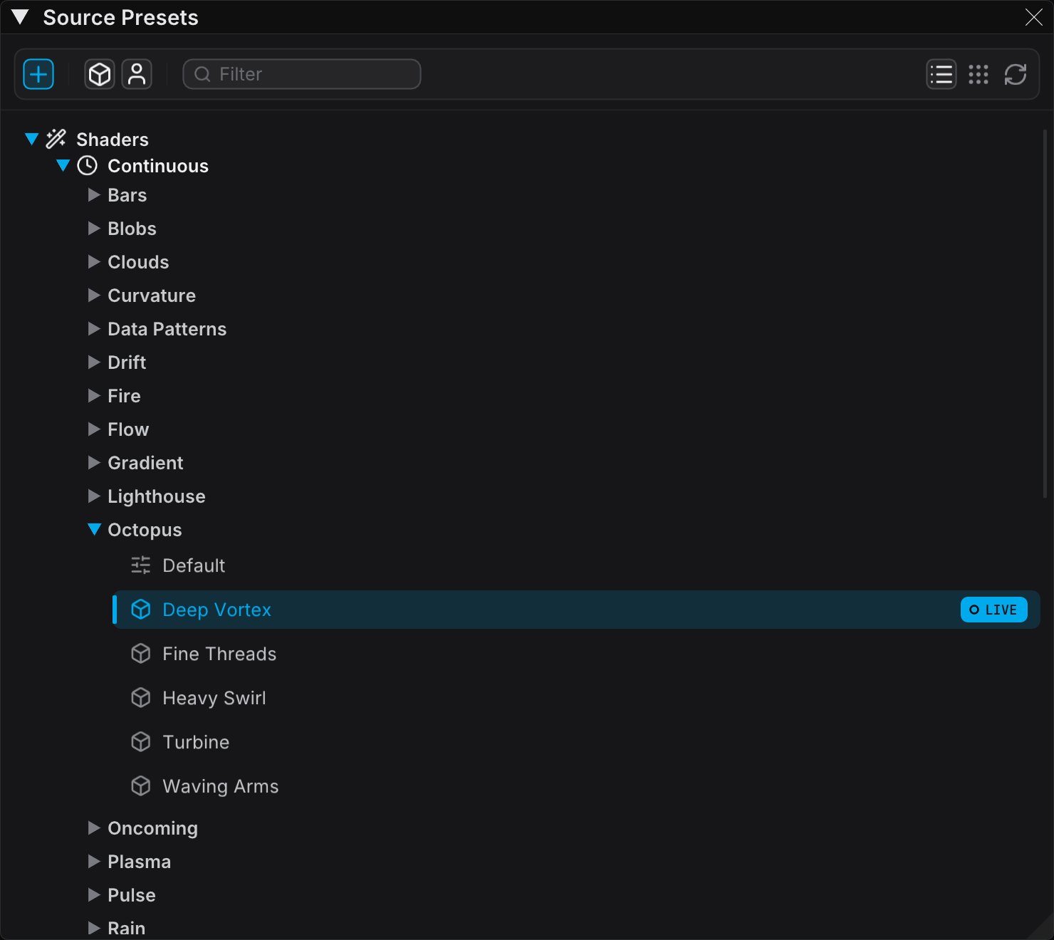 The Source Presets panel, with a source type expanded and a preset loaded