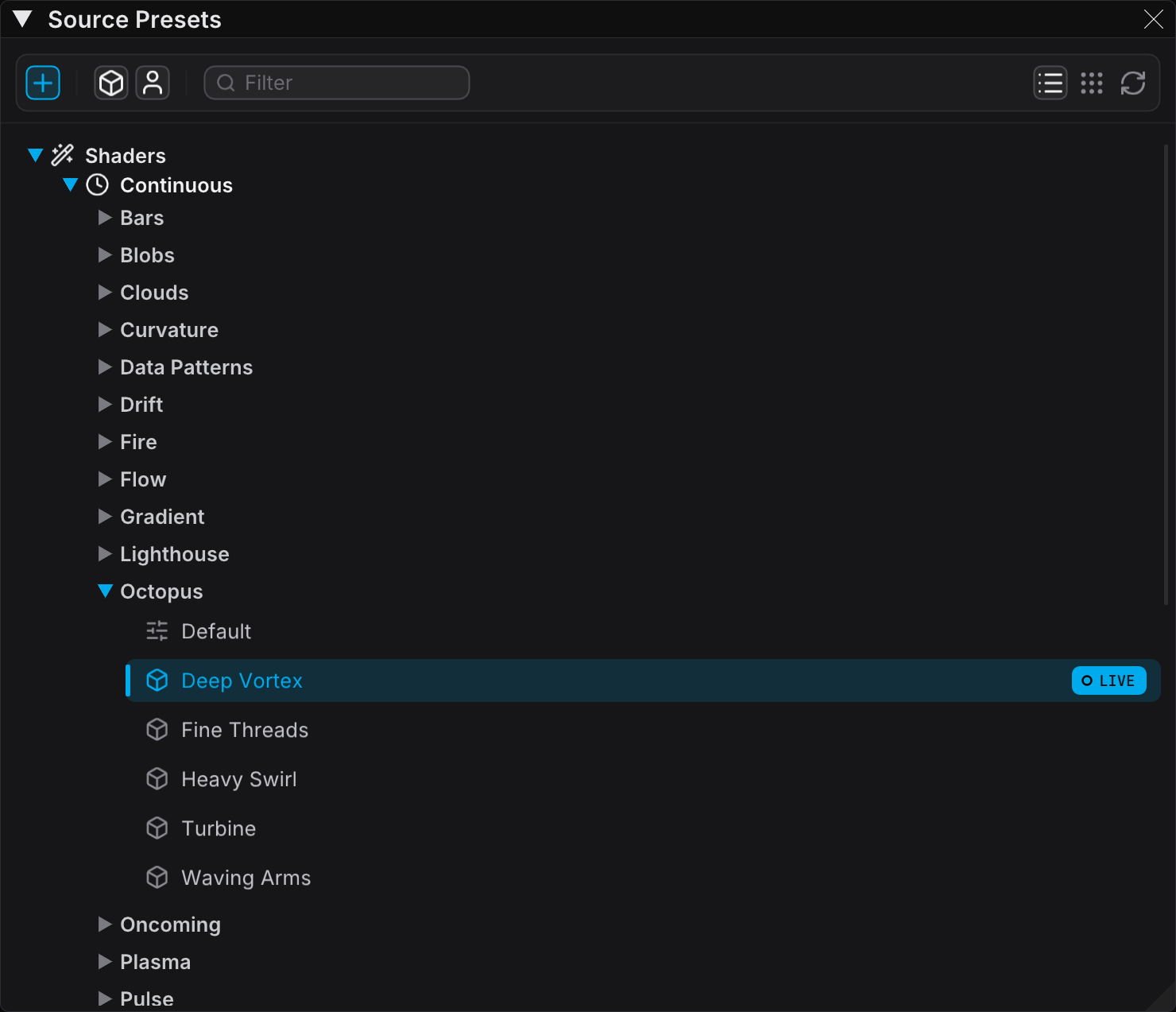The Source Presets panel, with a source type expanded and a preset loaded