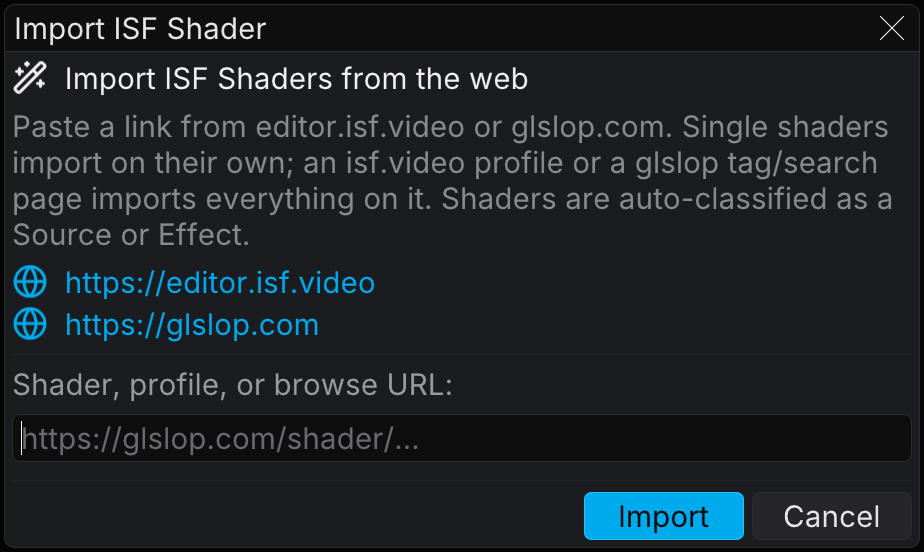 The Import ISF Shader dialog, in its empty state