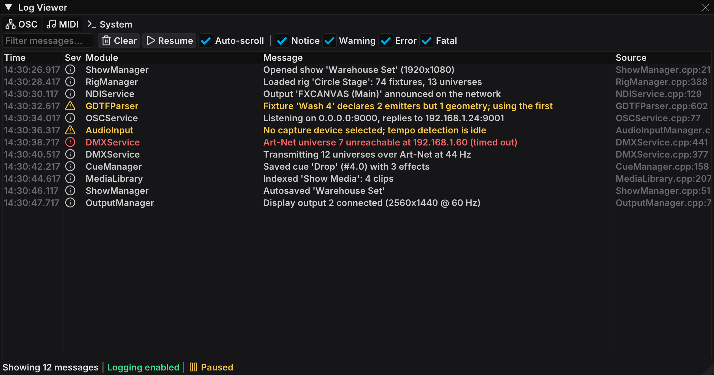 The Log Viewer on the System tab, with notice, warning, and error entries