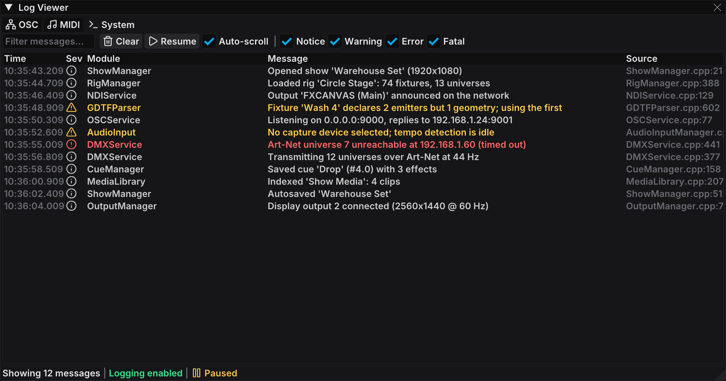 The Log Viewer on the System tab, with notice, warning, and error entries
