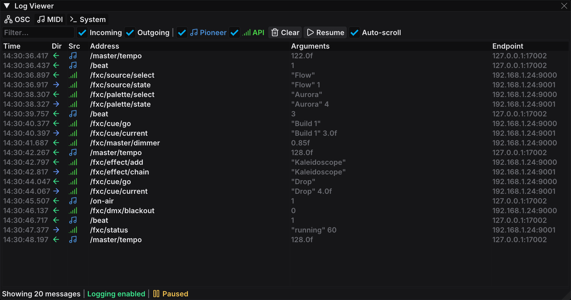 The Log Viewer on the OSC tab, with incoming and outgoing messages from both sources