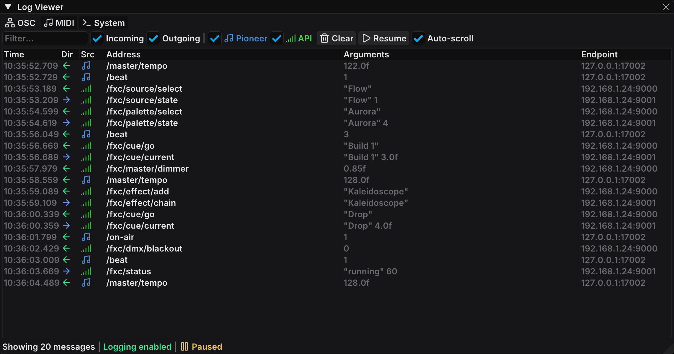 The Log Viewer on the OSC tab, with incoming and outgoing messages from both sources