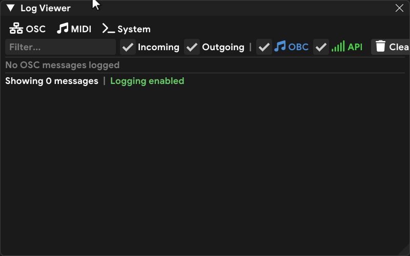Log Viewer window showing OSC tab with message entries