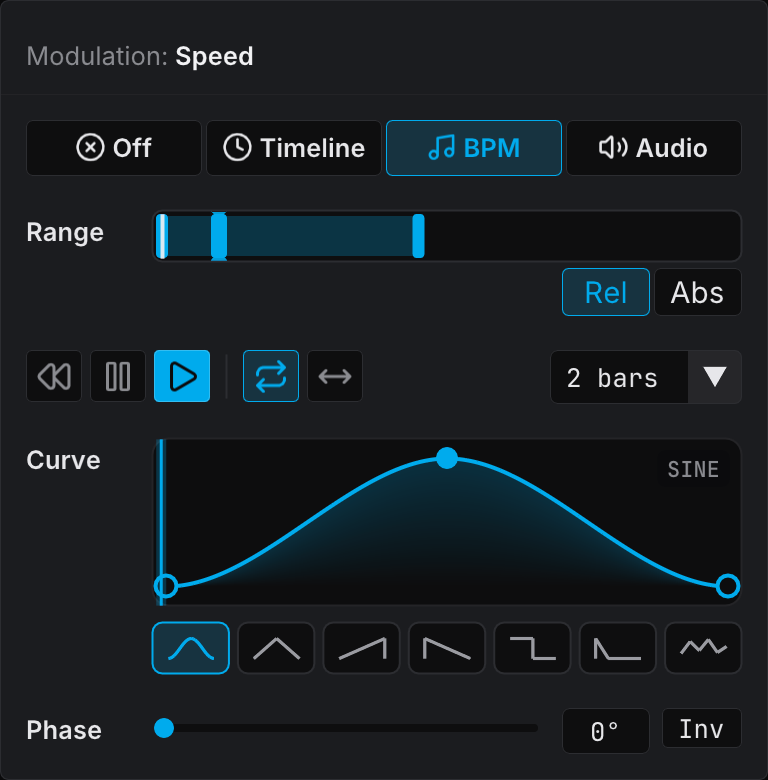 Modulation popover in BPM mode, with the length in bars and the Sine curve preset selected