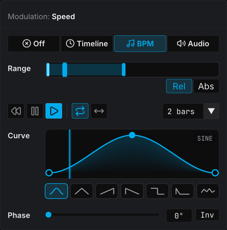 Modulation popover in BPM mode, with the length in bars and the Sine curve preset selected