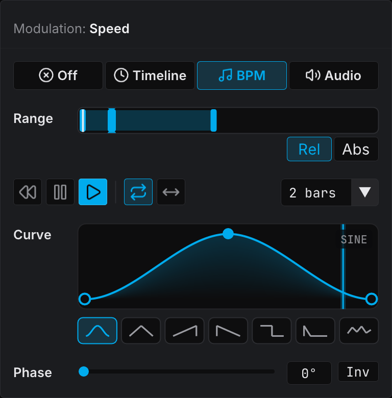 Modulation popover in BPM mode, with the length in bars and the Sine curve preset selected