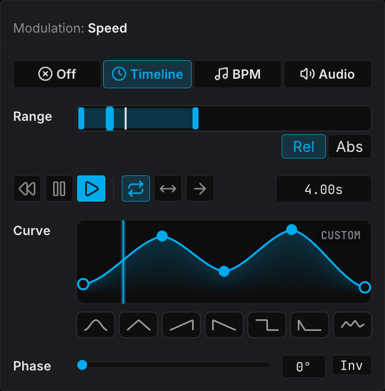 Modulation popover in Timeline mode, with the range band, the transport row, a custom curve in the editor, and the phase slider
