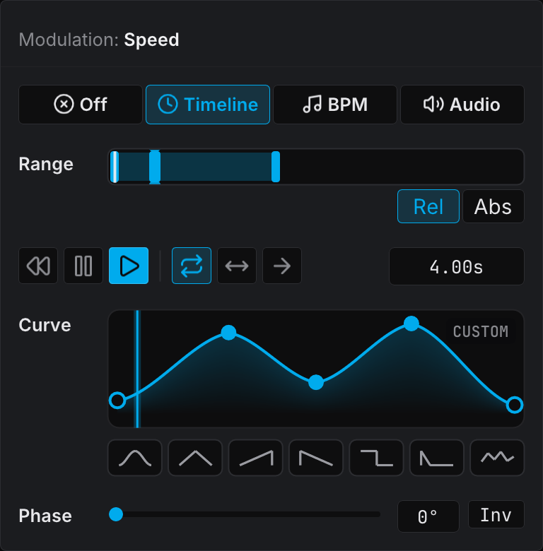 Modulation popover in Timeline mode, with the range band, the transport row, a custom curve in the editor, and the phase slider