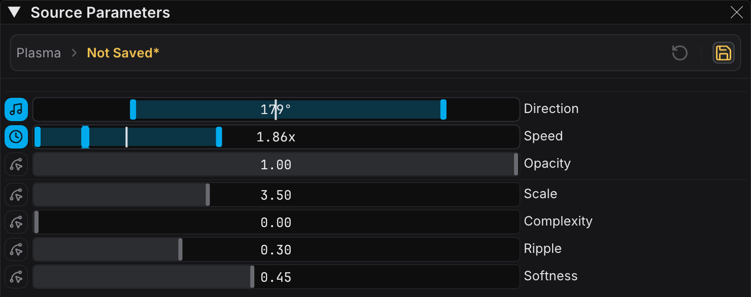 Source Parameters panel with two modulated rows over unmodulated ones. Each modulated row shows its range band and its live output value
