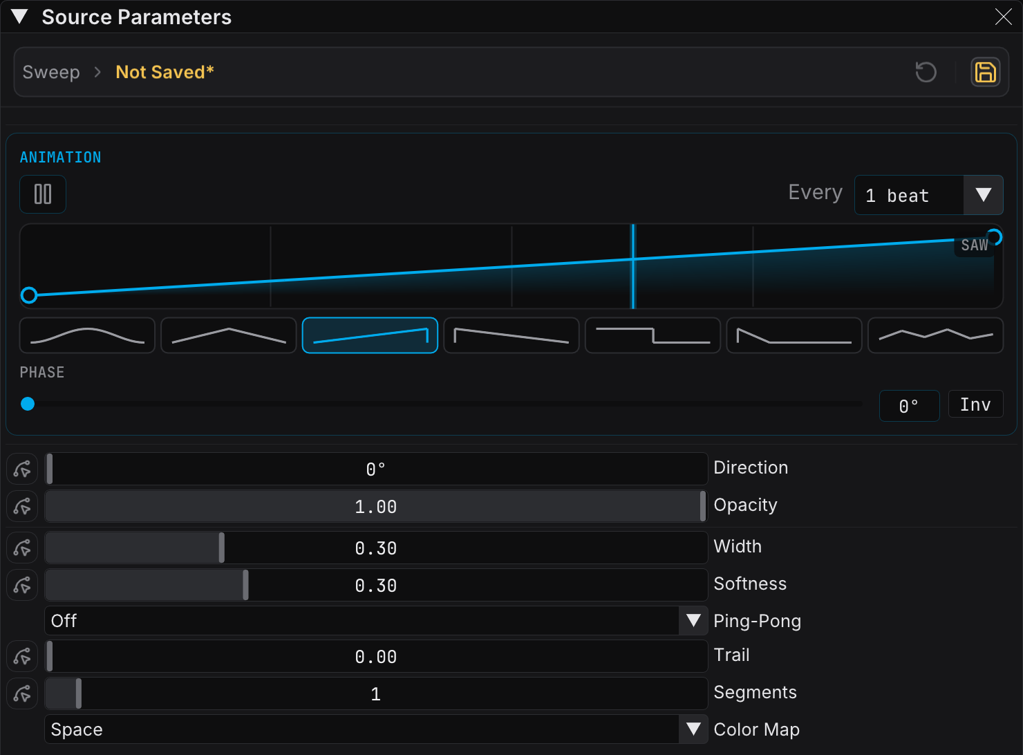 Source Parameters panel for a beat-driven source, with the Animation card, its transport, the Every selector, the beat-gridded curve editor, and the phase row