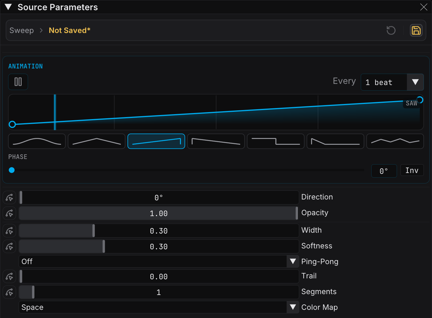 Source Parameters panel for a beat-driven source, with the Animation card, its transport, the Every selector, the beat-gridded curve editor, and the phase row