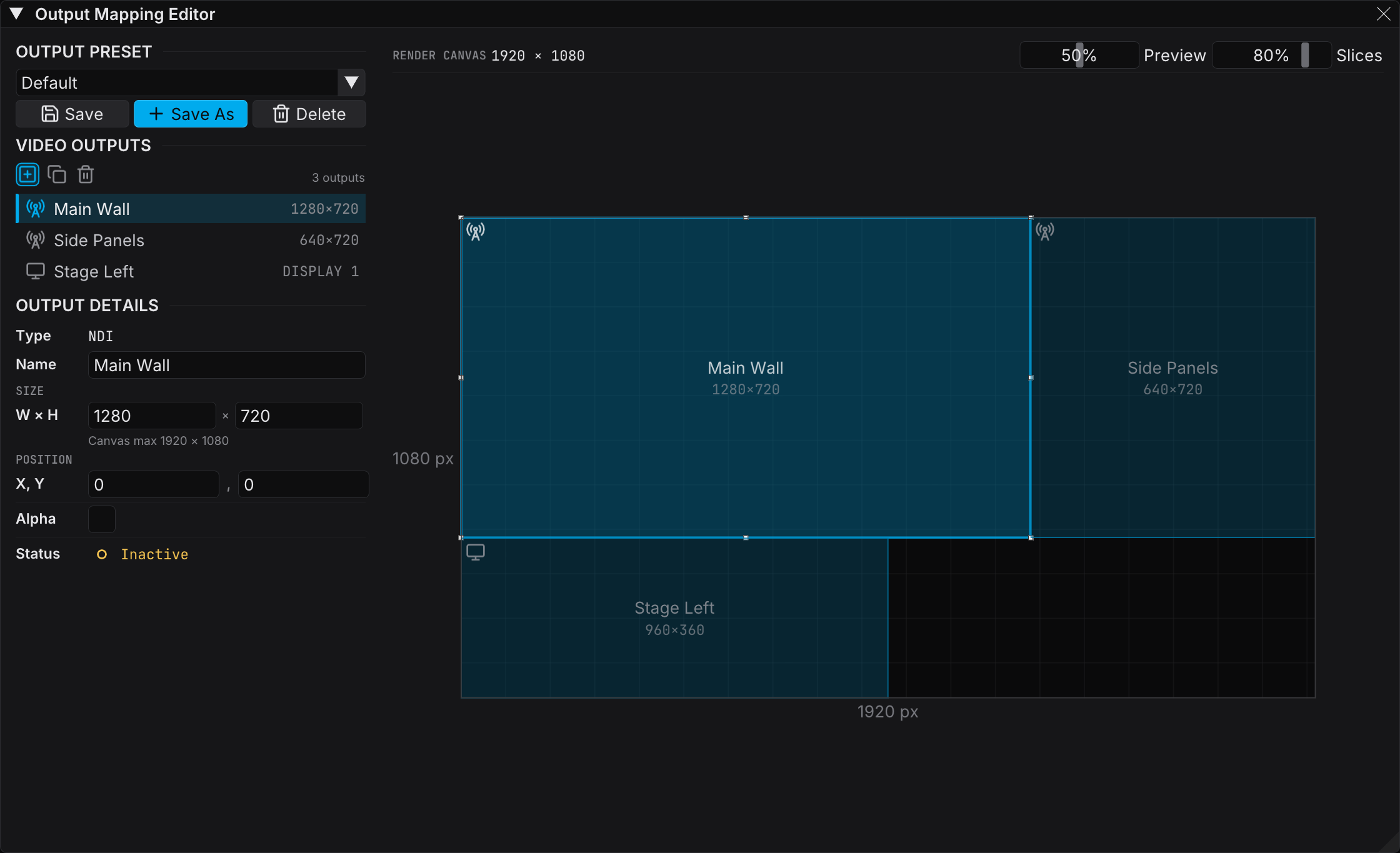 The Output Mapping Editor with NDI, Spout, and Display outputs mapped onto the render canvas