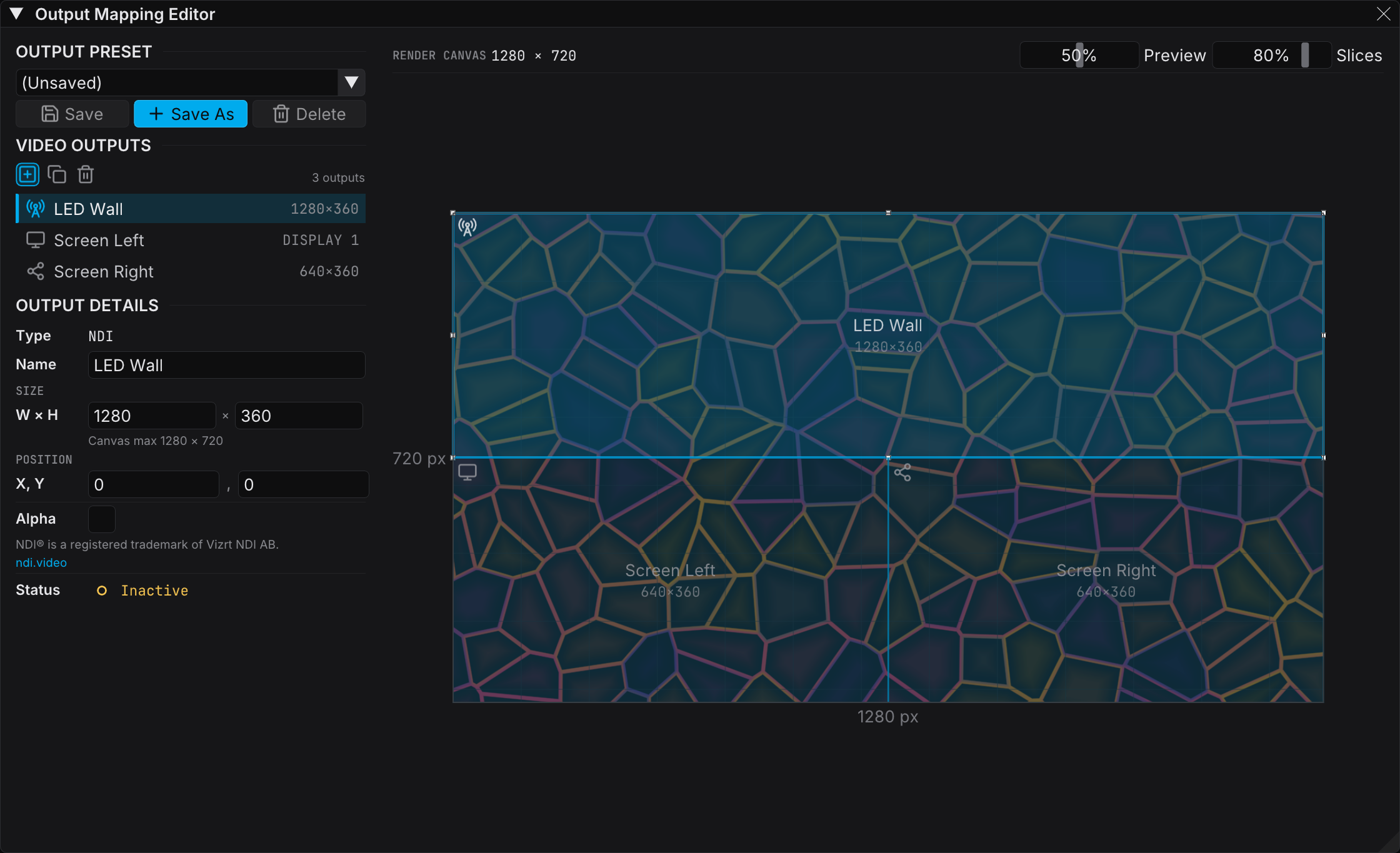 The Output Mapping editor with three outputs placed on the render canvas