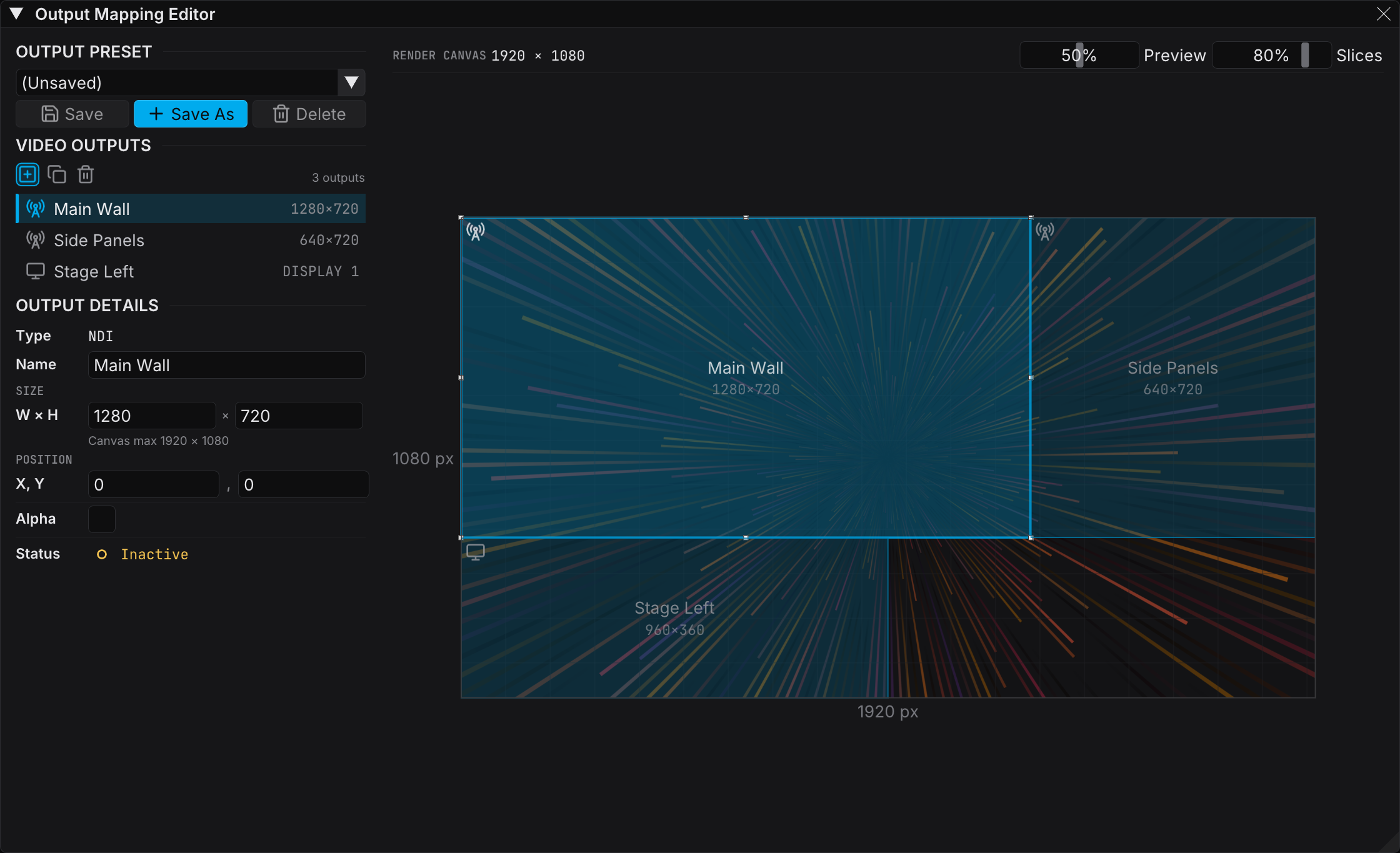 The Output Mapping Editor with NDI, Spout, and Display outputs mapped onto the render canvas