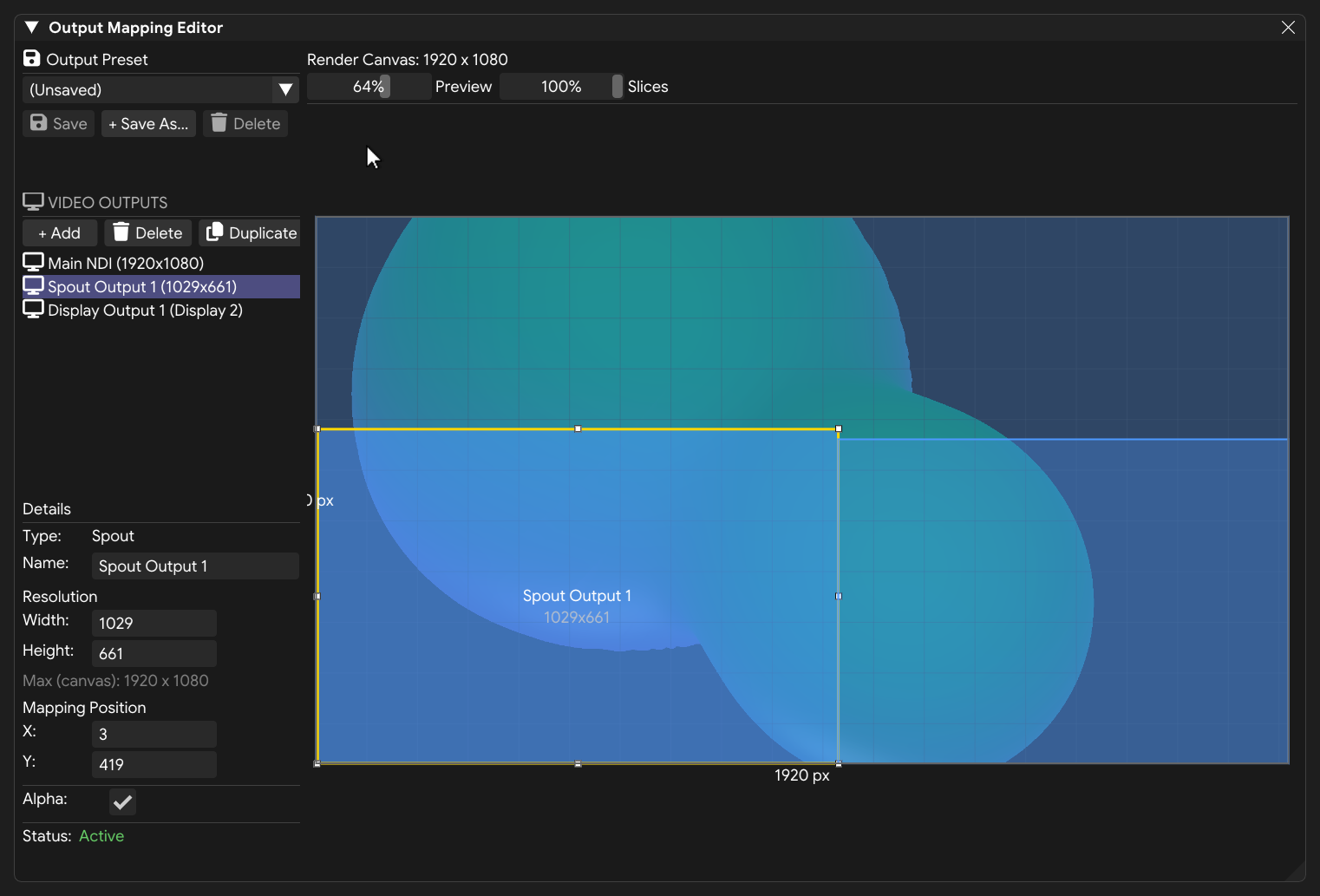The Output Mapping Editor with NDI, Spout, and Display outputs mapped onto the render canvas