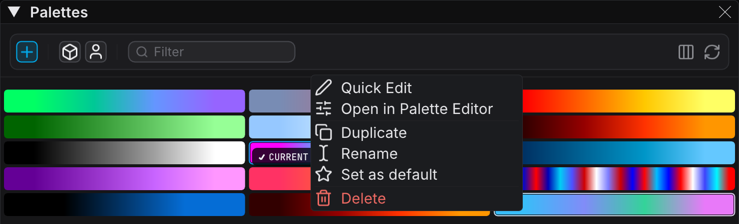 The palette tile right-click context menu with Quick Edit, Open in Palette Editor, Duplicate, Rename, Set as default, and Delete