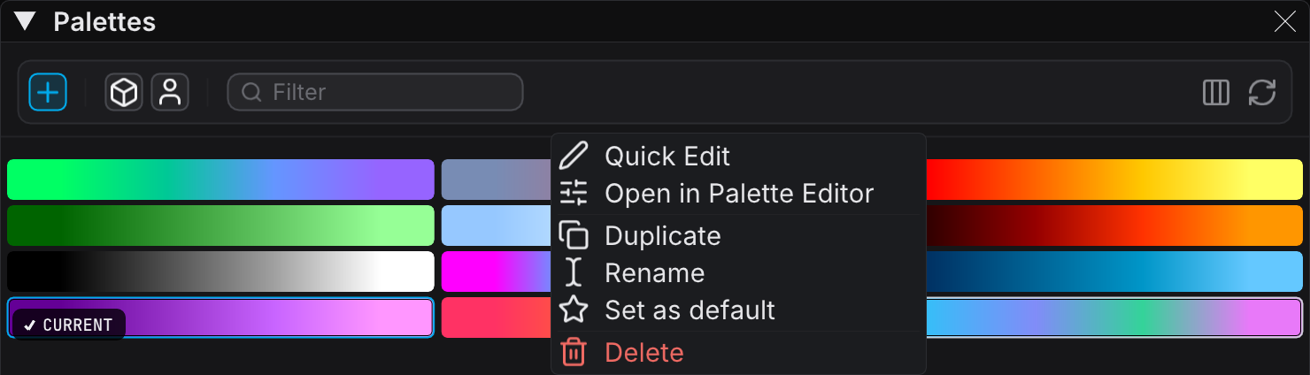 The palette tile right-click context menu with Quick Edit, Open in Palette Editor, Duplicate, Rename, Set as default, and Delete