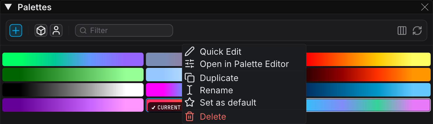 The palette tile right-click context menu with Quick Edit, Open in Palette Editor, Duplicate, Rename, Set as default, and Delete