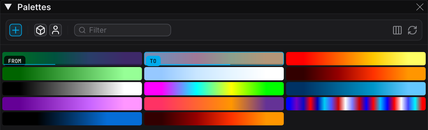 The Palettes panel during a crossfade, with a dimmed FROM tile and a TO tile, and a progress meter along the bottom edge of each
